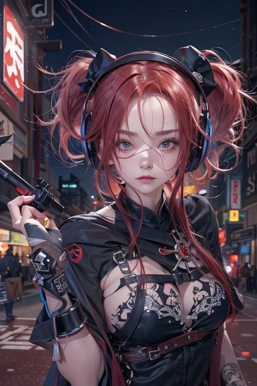 No sleeve、tattoo、真っred、本当にredい、red、red-haired、corruption、red hairs、Headphones、🎧、Goth_punk, One Girl, alone, Medium Shot, Stroll around Harajuku, ((At night)), Bokeh Depth of Field, Neon Light, 虹のeye, Starry Sky, red glowing hair, Black eyebrows, Radiant hair, (iridescent red hair), 耳Nipple Ring, prohibit, gem, mask, 鈍い前hair, Field&#39;eye, 口mask, Blurred背景, Blurred, hair adornments, Look at the viewers, shorth hair, Portraiture, Side Lock、Goth、(Tabletop), (Portraiture), (beautiful), (beautiful), (Upper blood), (high quality), (beautiful衣服), (Professional perspective), (Three-part method), (feminine), (woman), (woman), (beautiful),(feminine features), (Age 25), alone, woman1名, (Charming punk girl), Winters, Dramatic Light, ((I&#39;play the guitar)), (Are standing), anddgy makeup, (Small breasts), ((Electric guitar)), (front), (resistance的な表情), ((resistance)), (レザージャケットとtattoo), ((Short hair)), (dyed (and.G. and pink) hair), (spiky hair), (Thick hair), Matte shine hair, (Hair bands scattered in the hair), (Green eyes), (A bold and daring look), (Pale skin), (Dark clothing), (Band T-shirts), (Ripped jeans), (-), Crew neck), ((Urban alley background)), (Close-up shot), beautiful hands, both hands, Normal hand, Two Arms, Complete Hand, beautiful body, beautiful fingers, Normal finger, Five Fingers, Five Fingers, (Thumb Index Finger Ring Finger), beautiful ears, Normal ear, beautiful eyes, 輝くeye, beautiful mouth, beautiful lips,