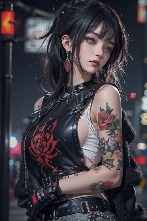 Highest quality、、masterpiece:1.3、Gothic Punk、Red inside、Gray Black Hair、hair ornaments、beautiful girl、creative、Punk Shirt、Neogoth、Goth Fashion:1.2、High resolution、masterpiece、Highest quality、頭w:1.3、((Hasselblad Photos))、Fine skin、Sharp focus、(Cinema Lighting)、Explore Tokyo'The city at night beyond the neon lights, Forehead open, 29-year-old、Petting'Hair back、Shoulder Bare、Small red rose tattoo on the décolletage