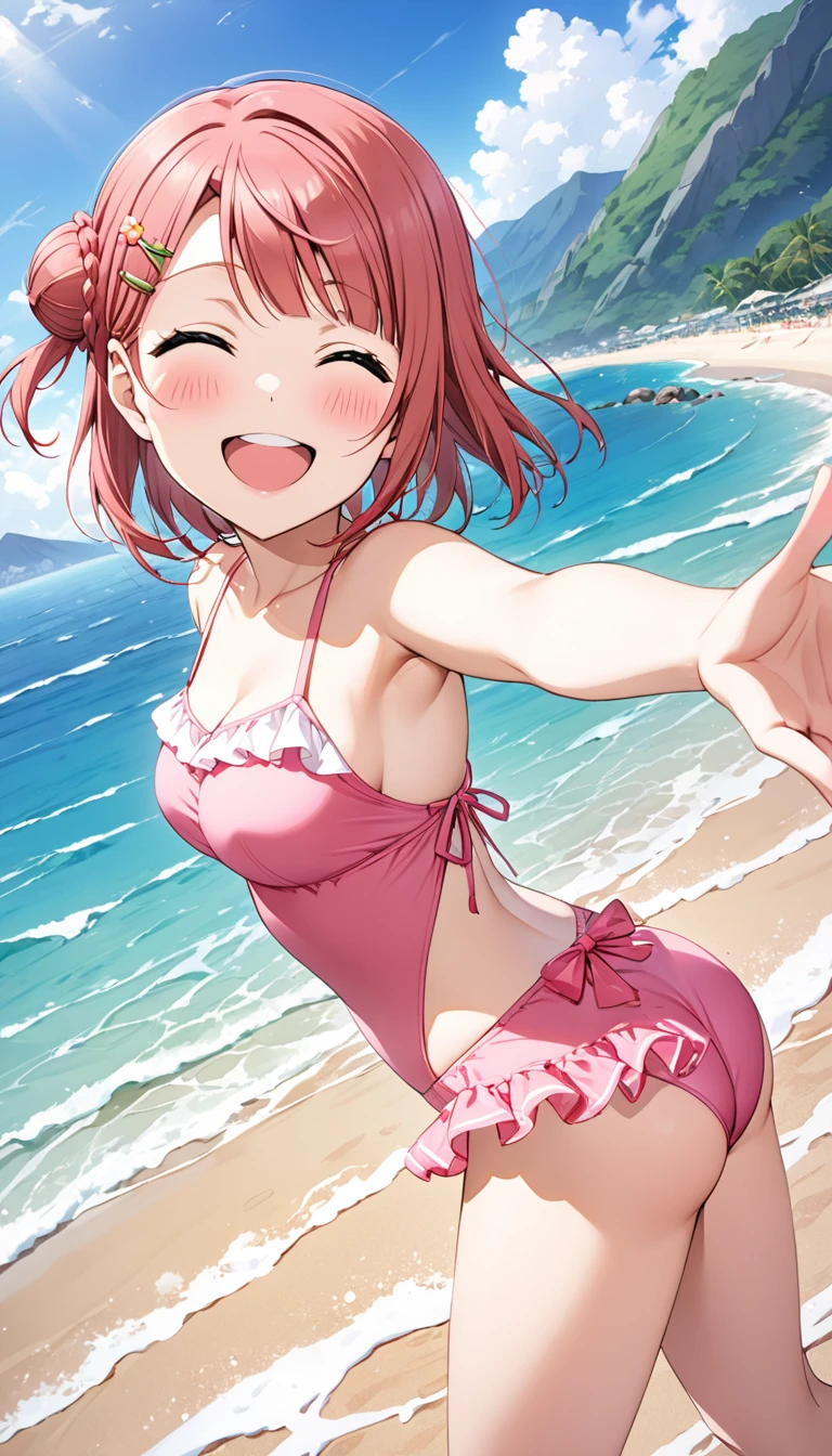 Uehara Ayumu from Love Live, pink hair, pink swimsuit, beach, sea, mountains, smiling, high resolution, winking，Highest quality、masterpiece、Ultra Wide Angle, arched back