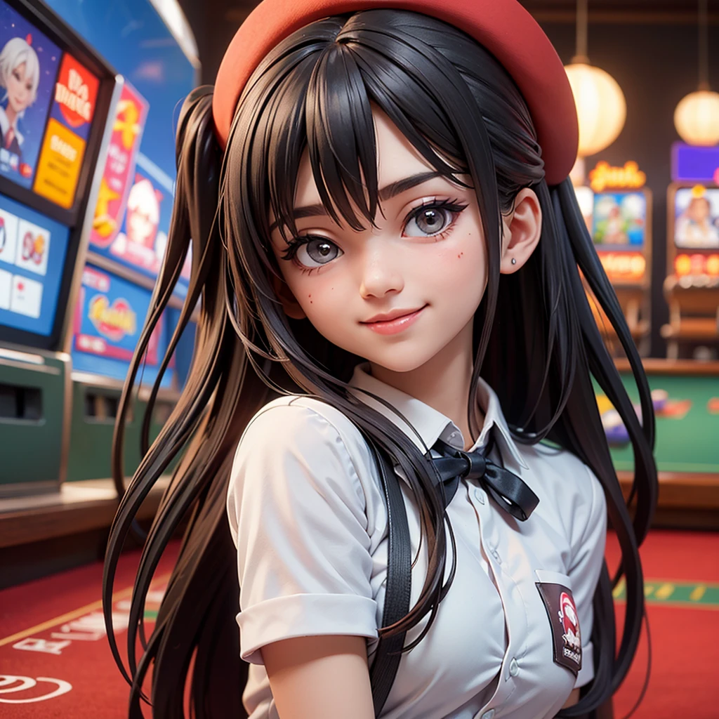 ((best quality)), ((masterpiece)), (detailed), happy and smile, {{indonesian girl}}, {wearing high school uniform}, teasing and waiting customer play, standing, playing in casino, red casino background, polite and kind, Sweet Face, roulette table, poker table, big slot machines right and left, win jackpot, {{no headwear, no hat}}, private casino, crowded gambling area in background, so crowded, so many people, las vegas, american, illusions, halloween casino, dont wear hat, no headwear, no hat, together with thailand and vietnam girl,
