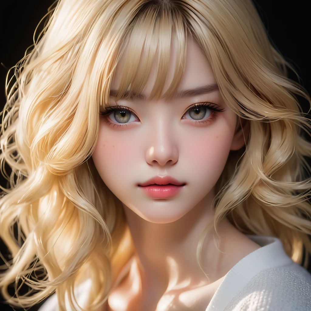 Meticulous, analog style, focus on the eyes, highest quality, (highly detailed skin), photo of very handsome pale skin Japanese donghua girl, 21 years old, (blonde hair), perfect face, pore skin, (penetration:0.5), black background, (bokeh:0.6), sharp focus, grainy lighting, (backlight:0.7), film grain, photographed with Sony A7R IV camera, 18mm F/1.7 cine lens, (highly detailed, intricate detail), 8k, HDR, front view, (upper body: 0.9)