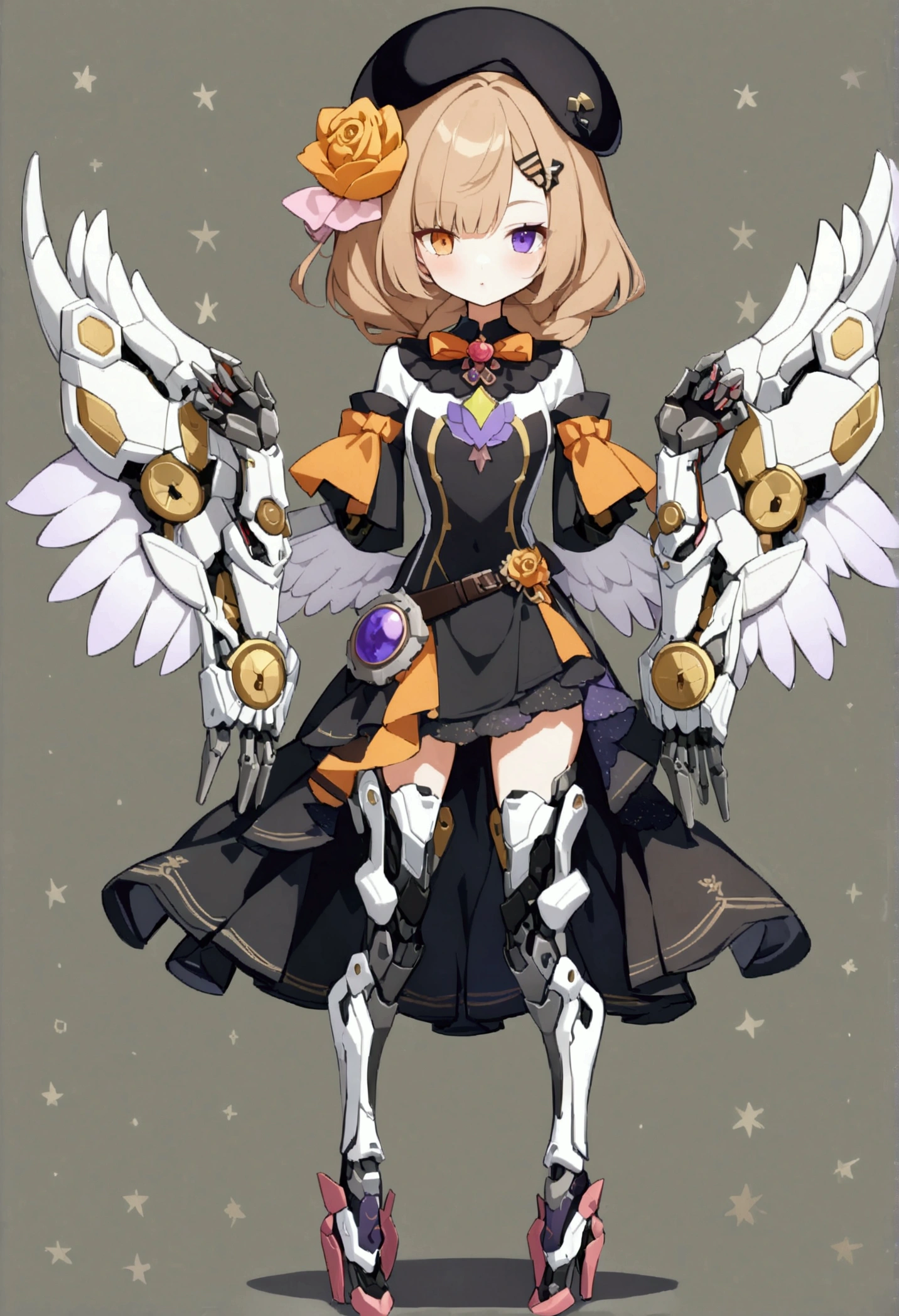 woman 165cm tall, slim build, , charming look, ((heterocromia: look like, derecho naranja y look like izquierdo violeta)), (Shoulder Length Wavy Gray Hair, a short braid on the left side of the hair, big open bangs, golden gear hairpin in hair), (((complex mechanical legs up to the hip, The legs are black with gray parts with small pink details))), (((complex mechanical arms up to the elbows, The arms are black with gray parts with small pink details))), (complex white mechanical angel wings with pastel green parts), (elegant black French beret with an orange rose ribbon), (elegant thigh-length one-piece dress, short bell skirt with small gear details, short sleeves, elegant black hip belt with orange parts, small rose brooch in the middle of the bust, beautiful mechanical stiletto heels), (((character design sheet: Front view))), (((Whole body))), extremely detailed beautiful hair, beautiful detailed dress, extremely detailed arms, extremely detailed face, (Extremely detailed hands), perfect hands, small face, hermosos look likes detallados, beautiful detailed lips, adorable, extremely detailed legs, (Best Quality, 8k, ultra resolution), ultra detailed, Exquisite and epic character art, ((Pastel brown background)), (Focus on symmetry), (extremely detailed wings).