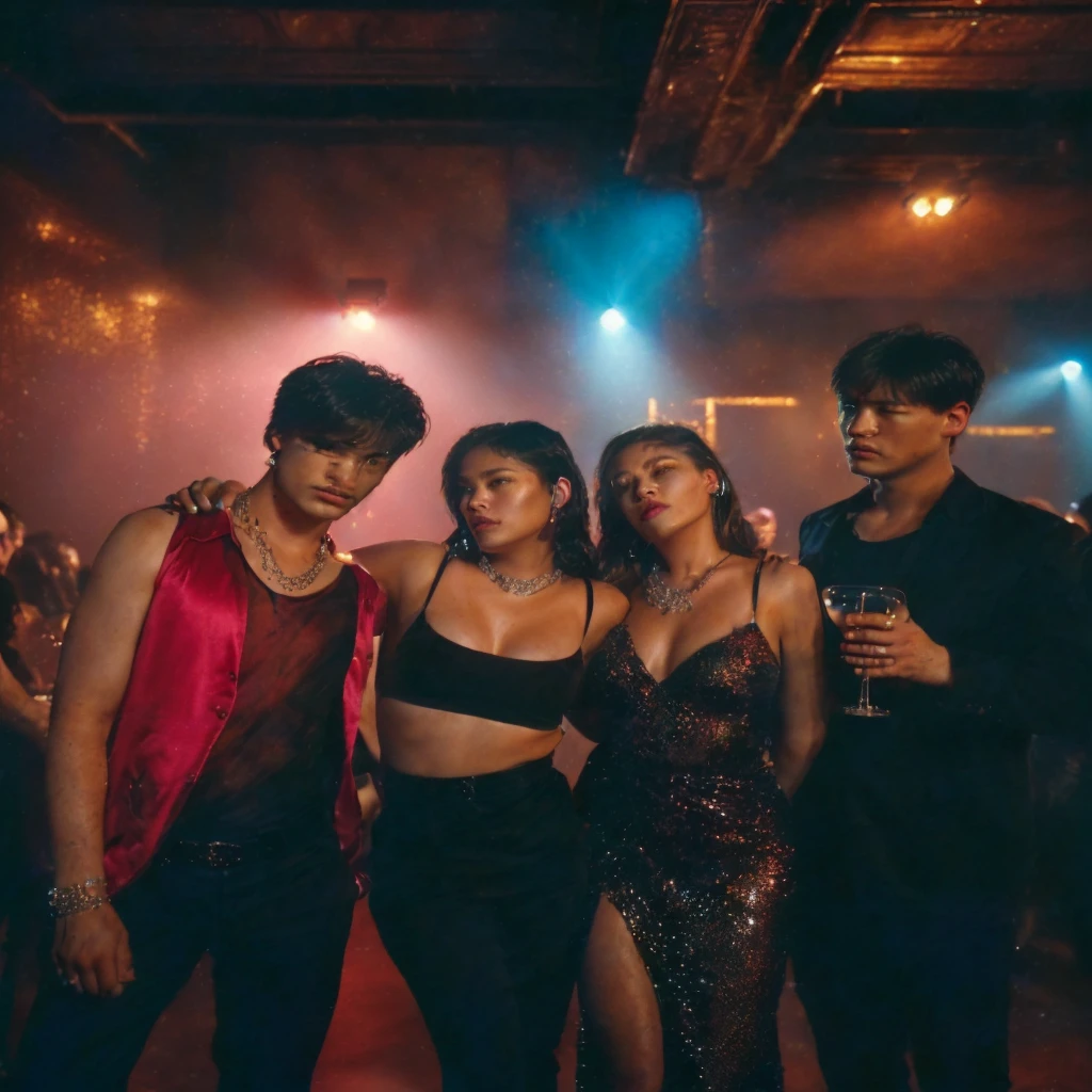 Fout people standing next to each other in a club, 8 0 s asian neon movie still, high res, movie promotional image, promotional still, group of people in a dark room, high quality film still, highlight scene of the movie, by Emma Andijewska, still from the movie, high-res, high - res, promo still, (best quality,4k,8k,highres,masterpiece:1.2),ultra-detailed,(realistic,photorealistic,photo-realistic:1.37),detailed facial features, HDR, UHD, studio lighting, ultra-fine painting, sharp focus, physically-based rendering, extreme detail description, professional, vivid colors, baroque,chiaroscuro lighting