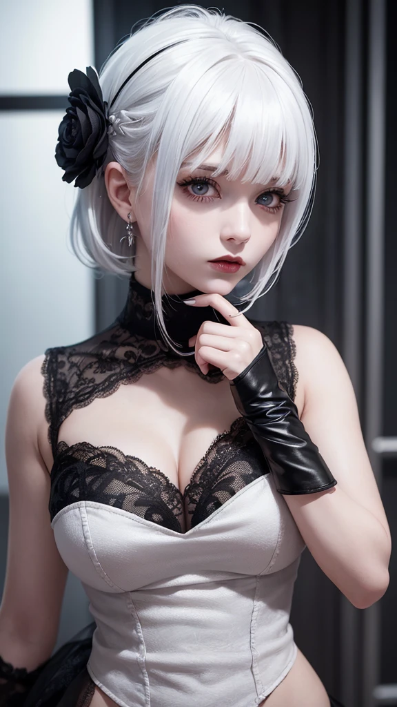 girl with white hair,with bangs, black gloves, gothic,4K, masterpiece, perfect body, stem,perfect eyes, perfect shading, perfect lighting, best quality, work of art, ultra detailed, detailed clothing