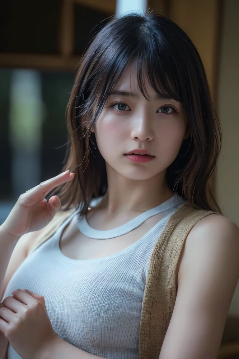 (Highest quality:1.4),(masterpiece:1.4),(Realistic:1.4),(Realistic:1.2),(超High resolution, RAW Photos:1.4),(High resolution, Ultra-detailed:1.2),(8k:1.2),Cinematic photography,a photo of a dark-haired,One girl,alone,wear ,((Japanese female warrior))、((Upper Body:1.3))、Raise your arms to show your sides、((Raise your arms to show your sides))