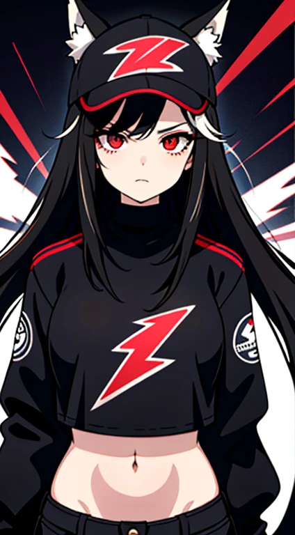 upper body, 1woman, black hair, Long Haired, red eyes, (streetwear style), black jacket, big breats, wallpaper, Lightning background, light particles, (masterpiece), best quality, Top Quality, pale white skin, solo, black cap, midriff, Lightning Style, Fox ears, Fox Tails