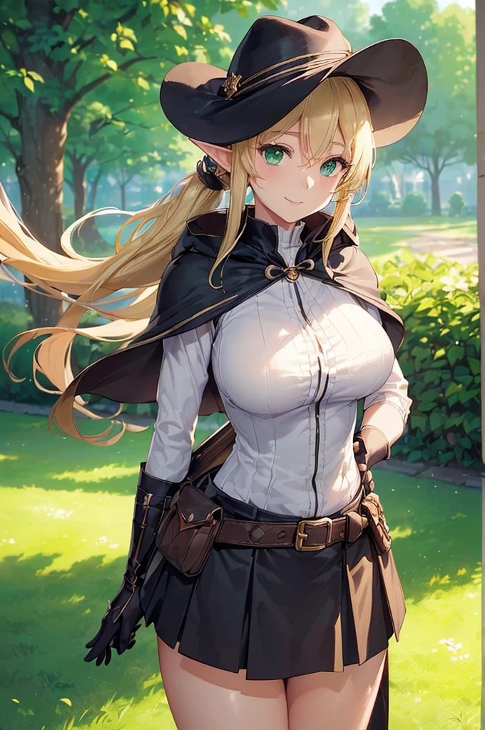 (((masterpiece; best quality: 1.2))), (finely detailed eyes: 1.3), (25 year old elf woman), (solo), (green eyes: 1.4), (body; big breasts, fit, femenine: 1.3), (silky blonde hair in low ponytail: 1.3), (beautiful and clear background: 1.2), ((depth of field)), (equipment: adventurer garb + modest + elegant wide-brim hat + dark blouse + dark cape + black long skirt + gloves + belt + pouches: 1.3), (anime illustration: 1.2), (background composition; royal garden: 1.1), (extremely fine and beautiful: 1.1), (shot composition; standing + centered on torso + close-up: 1.5), (expression; calm, smile: 1.2)