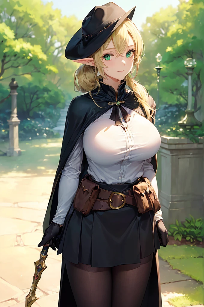 (((masterpiece; best quality: 1.2))), (finely detailed eyes: 1.3), (25 year old elf woman), (solo), (green eyes: 1.4), (body; big breasts, fit, femenine: 1.3), (silky blonde hair in low ponytail: 1.3), (beautiful and clear background: 1.2), ((depth of field)), (equipment: adventurer garb + modest + elegant wide-brim hat + dark blouse + dark cape + black long skirt + gloves + belt + pouches: 1.3), (anime illustration: 1.2), (background composition; royal garden: 1.1), (extremely fine and beautiful: 1.1), (shot composition; standing + centered on torso + close-up: 1.5), (expression; calm, smile: 1.2)