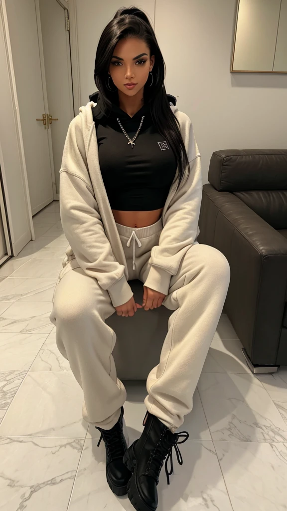 Alisha Lehmann skinny sexy model,She is wearing big oversized baggy black hoodie big sweatshirt covering her breasts and stomach and big high waist oversized big baggy black sweatpants she has small sexy breasts,skinny sexy thighs black hair with bangs,big hooves earrings hands in pockets wearing ankle boots heels full body view, black hair skinny girl oversized big hoodie, oversized big sweatpants looking into the camera big oversized pants big sweatshirt wearing boxing gloves no tattoos in a beige aesthetic apartment with luxury coach, flower vase decor white stylish floor tiles, white walls, sitting, looking at the camera, both hands in pockets, fluffy pillows putting both hands in pockets black hair hoodie covering both hands black hair necklace chain skinny model small sexy breast, hands in pockets hoodie covering fingers of both hands sexy skinny model,small sexy ,sexy skinny thighs all fingers covered in pockets