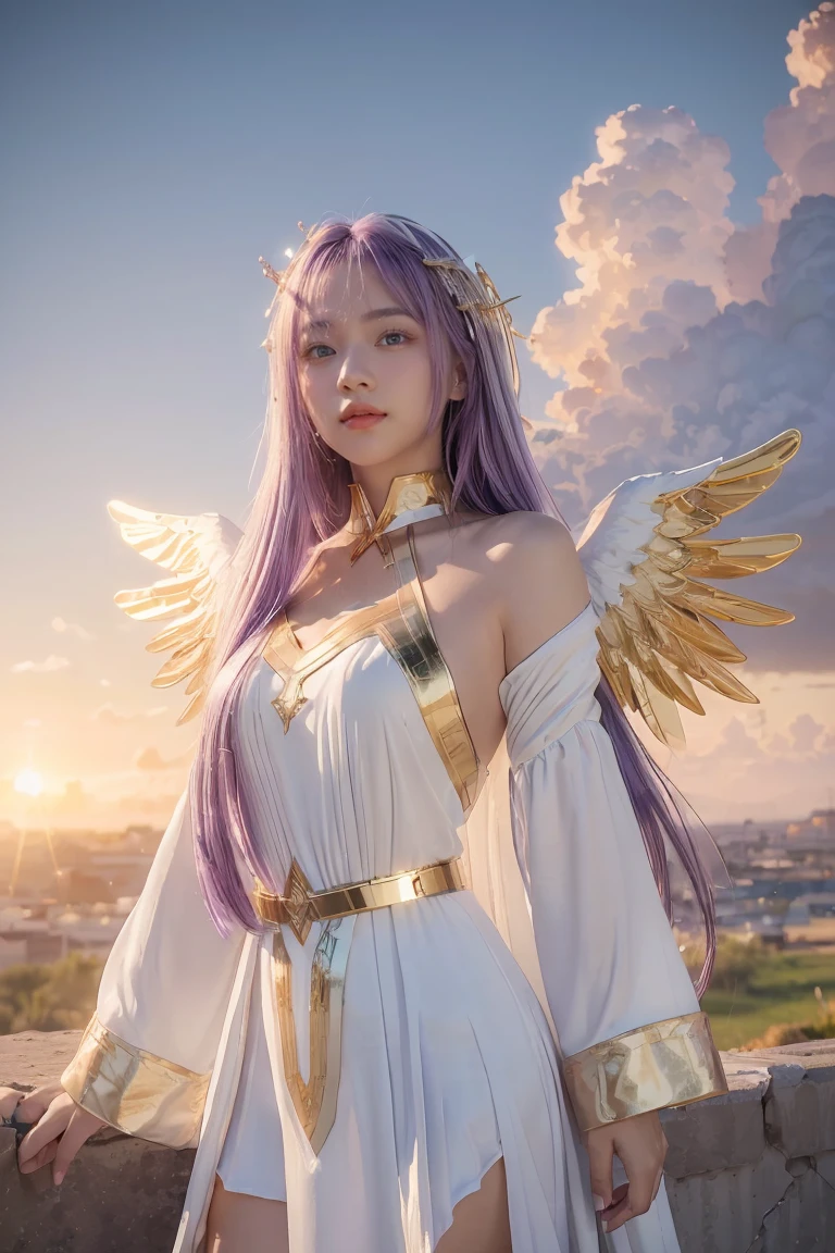 ((masterpiece, best quality, extremely detailed), volumetric lighting, ambient occlusion, colorful, glowing), 
1girl, solo, young girl, (purple hair), long hair, halo, aura, sacred, goddess, cleric suit, (white outfit with gold detailst:1.3), angel wings,
outdoors, sunset, sky, clouds, space, (fantasy theme:1.2),