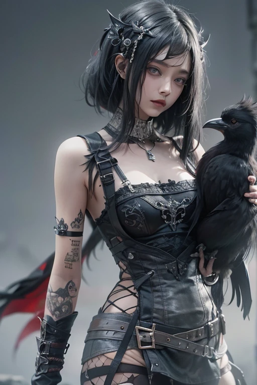 a tattooed woman being carried by crows. Her eyes exude confidence, displaying courage and determination. This illustration celebrates the strength and beauty of women, inspiring viewers with its powerful depiction. insanely detailed, (masterpiece), best quality, 8k, ultra high res, High contrast and low saturation, (???????-based character design), by BoochaN