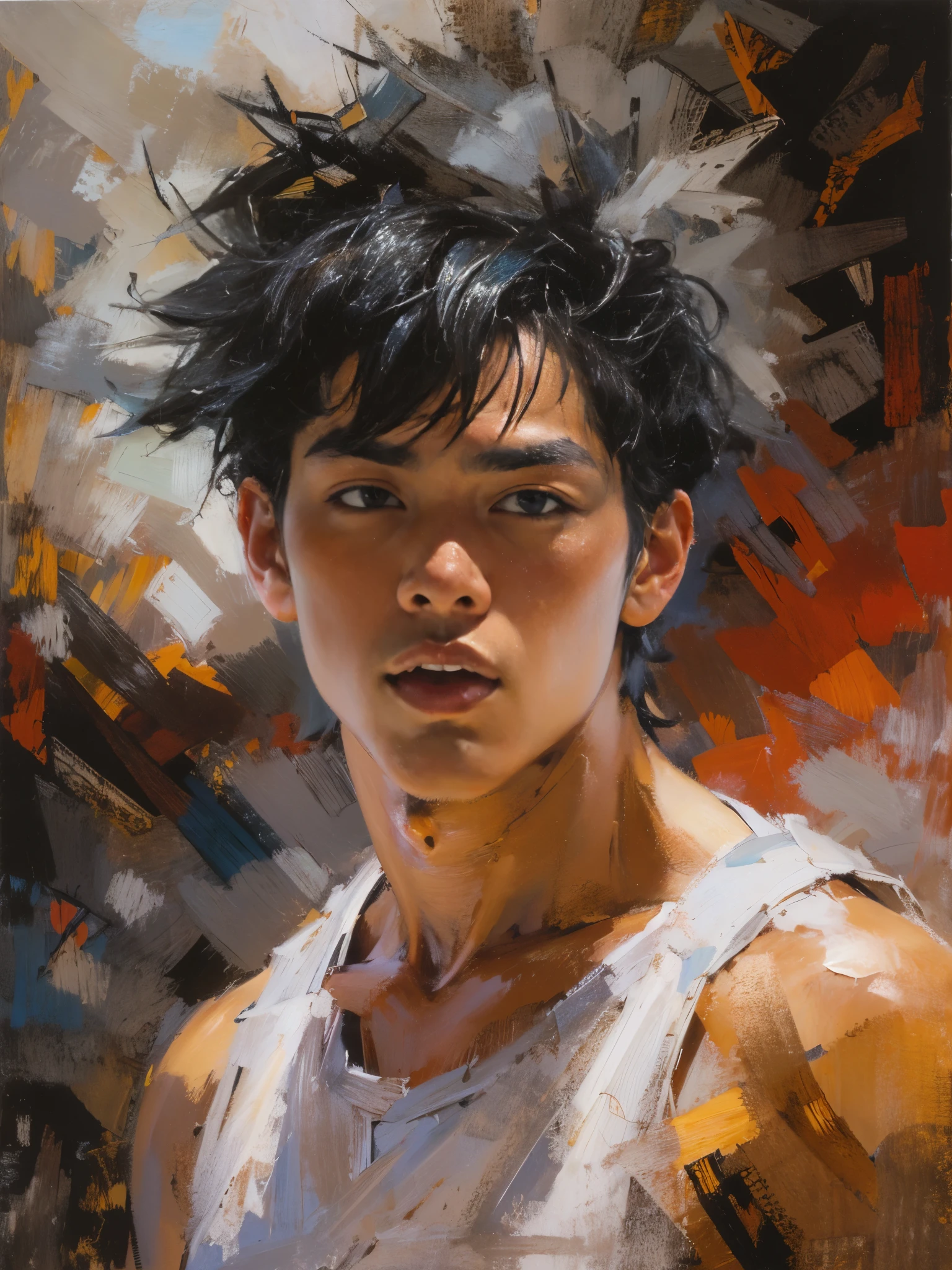 (dramatic illumination, dynamic angle, intense color contrast), (portrait of a young asian man with shaggy black hair and brown eyes, muscular, wearing white tank top, red shorts), (intense expression), (on basketball court), (jock), (fechin oil painting),