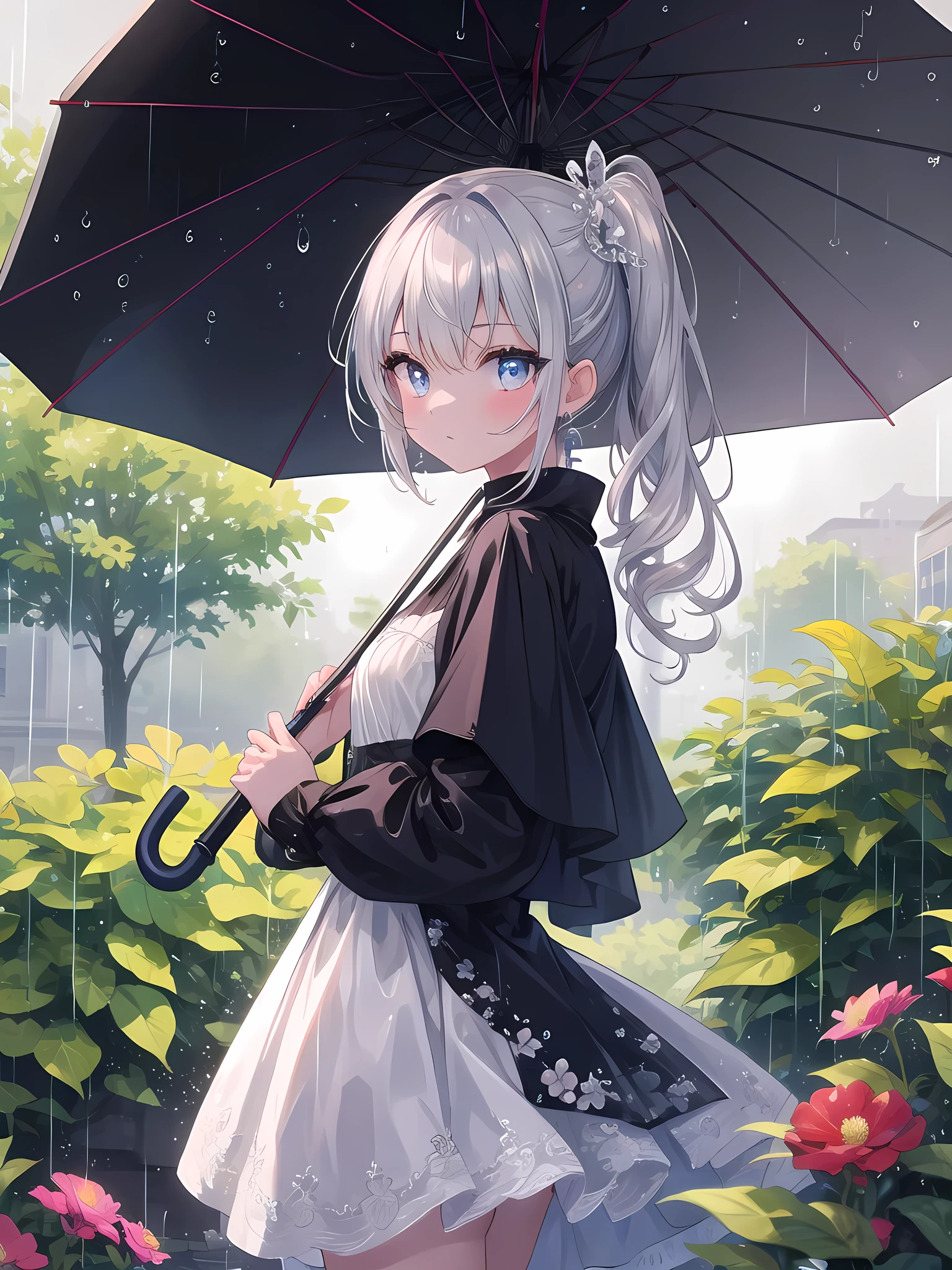 (8k, best quality, master piece: 1.2),super high resolution,1 girl, solo, colorshift eyes, hyperdetailed, expressive eyes, ultra-detailed face, A girl is taking shelter from the rain in a gazebo in the park during a light rain. Raindrops are sparkling on the surrounding plants. She has silver hair in a side ponytail, a floral dress, and is holding an umbrella as she turns around.