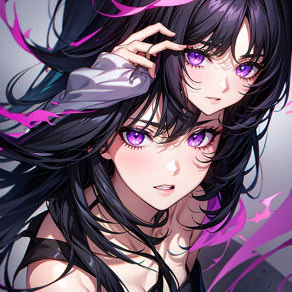 Black hair, purple eyes
