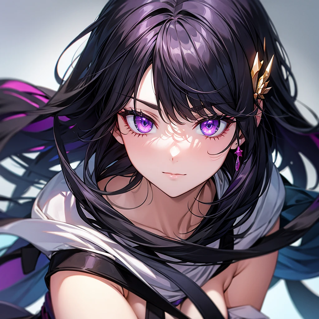 Black hair, purple eyes
