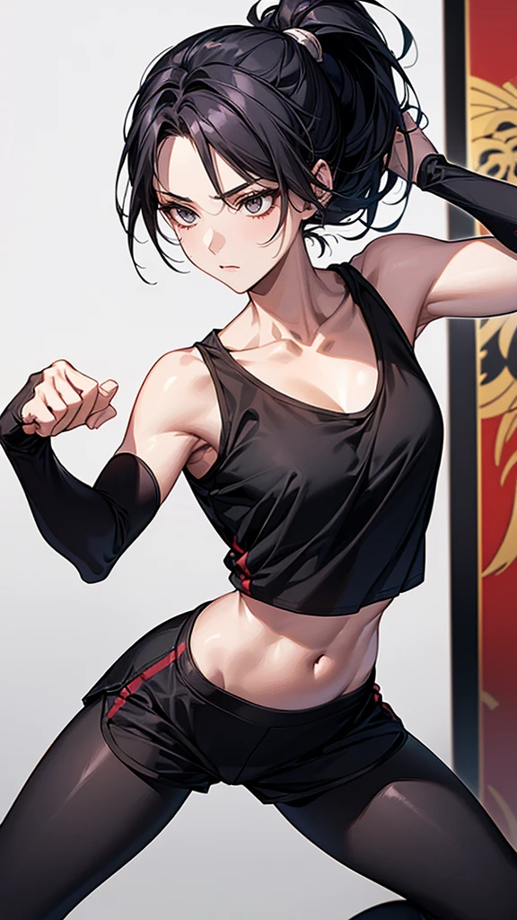 ((Highest quality)), ((masterpiece)), (detailed)　Slender female martial arts instructor　Mature Woman　((Combat Stance))　Open chest　dojo　Black Hair　ponytail　((Leggings with integrated shorts))　clavicle　Black belt　　　Décolletage　Open chest　