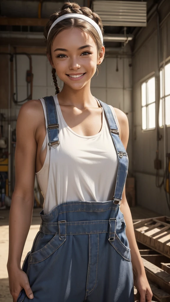 Female mechanic, dirty coveralls, dirty white tank top, dirty face, brown braided ponytail hairstyle, bandana, big smile, NSFW