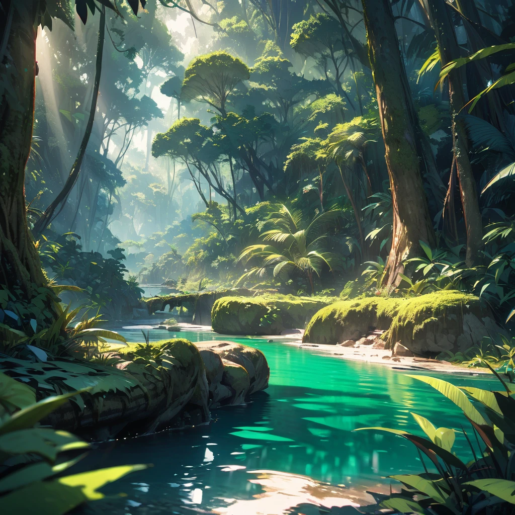 Masterpiece, ultra detailed, beautiful,Super Saturation, jungle adventure,dense forest, arcadia