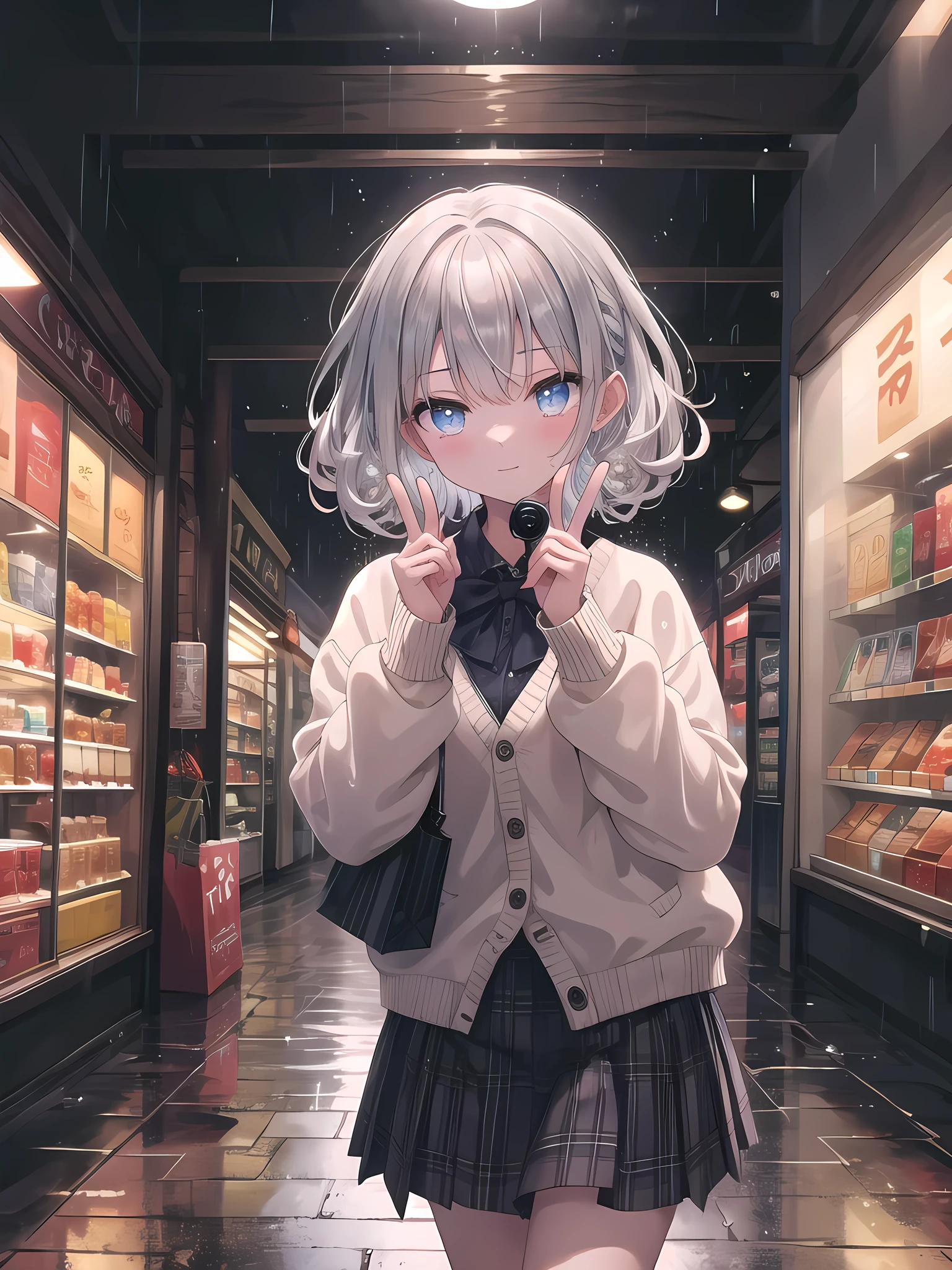 (8k, best quality, master piece: 1.2),super high resolution,1 girl, solo, colorshift eyes, hyperdetailed, expressive eyes, ultra-detailed face, A girl taking shelter from the rain under the arcade of a shopping street. The sound of the rain dripping is soothing. She has curly silver hair, a checked skirt, a cardigan, and is making a peace sign for the camera.