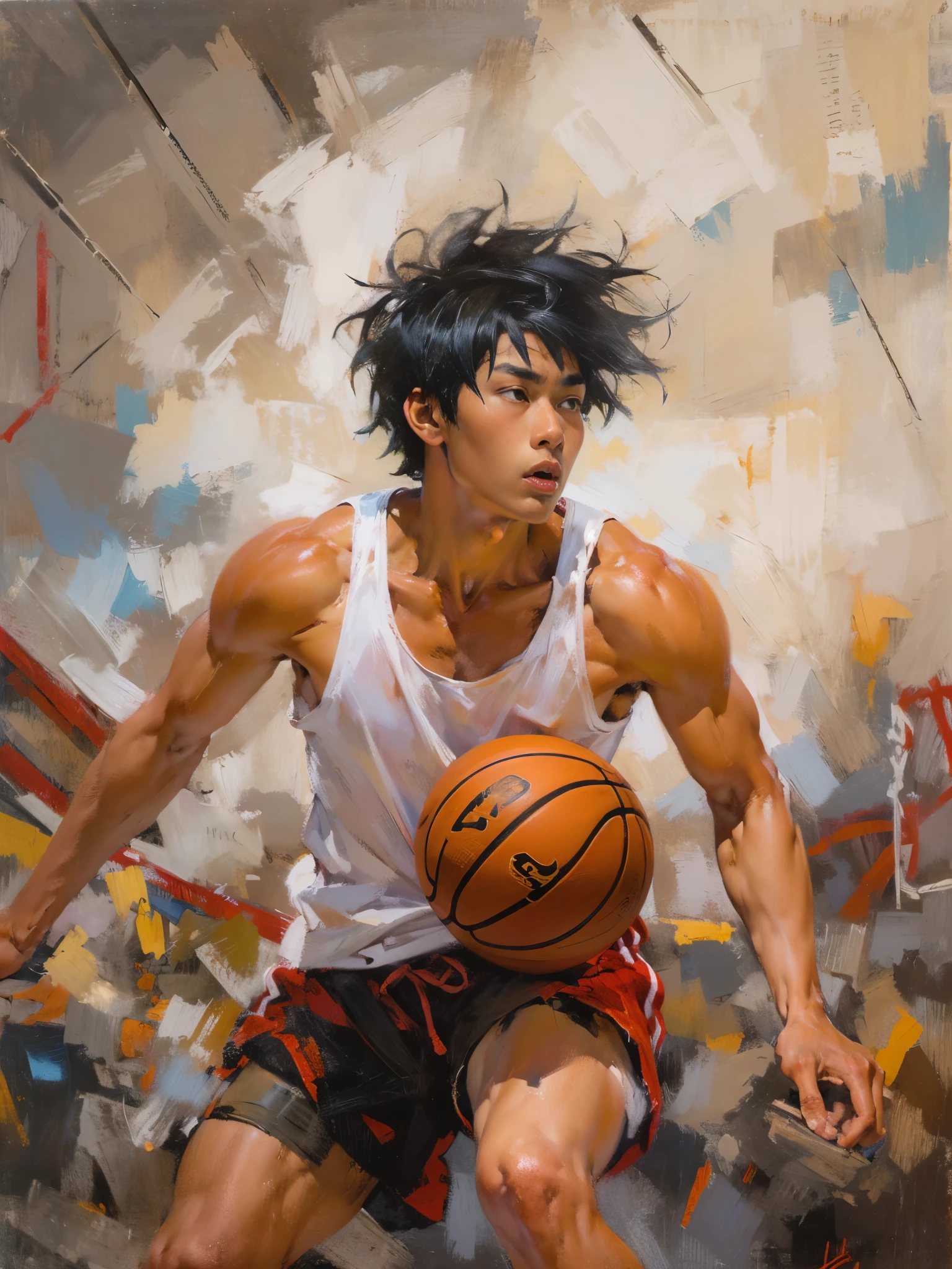 (dramatic illumination, dynamic angle, intense color contrast), (portrait of a young asian man with shaggy black hair and brown eyes, muscular, wearing white tank top, red shorts), (intense expression), (on basketball court), (jock), (fechin oil painting),