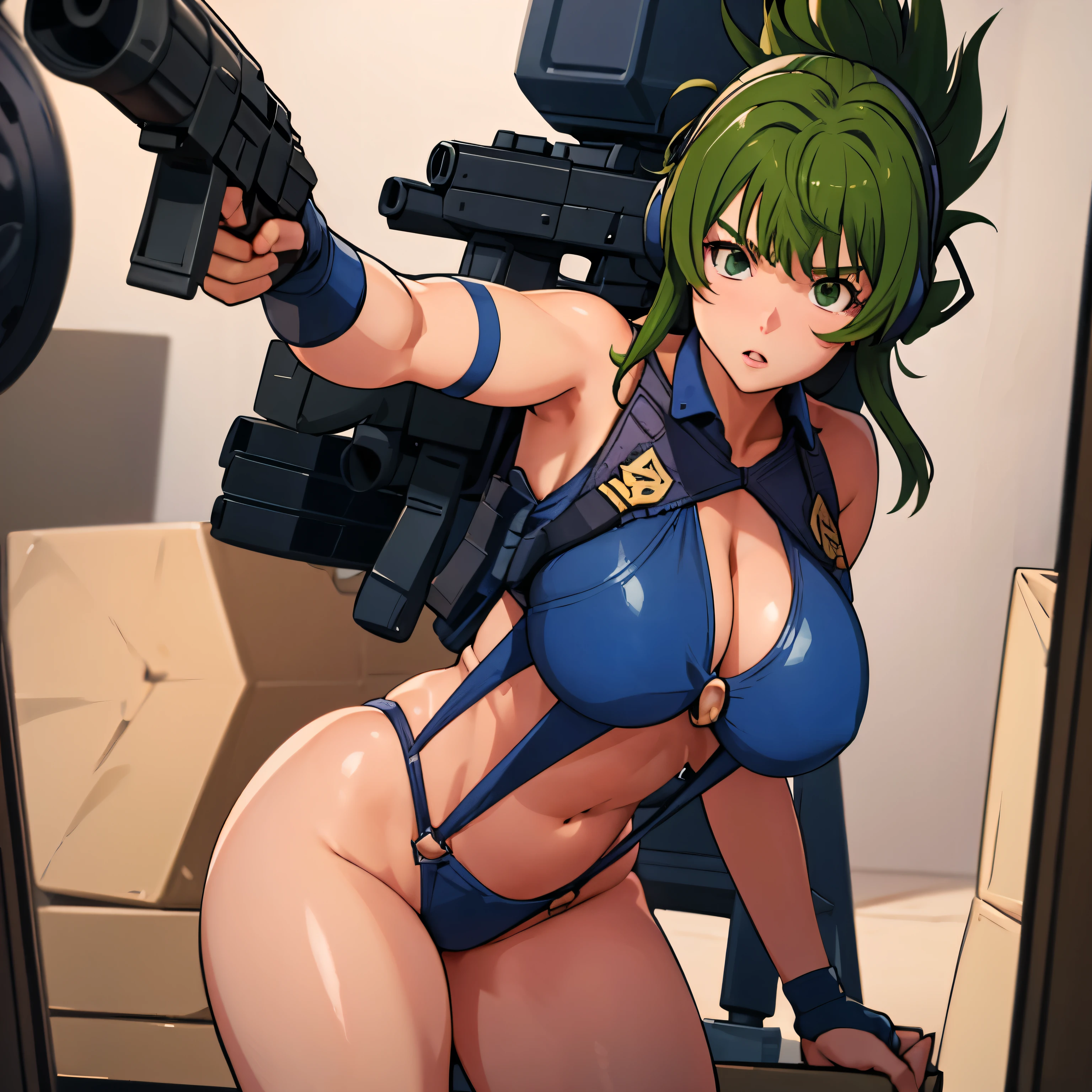 Imperial Guard Combat Uniform Swimsuit, o-ring bikini, v gundam, swimsuit, absurdres, highres, solo, cowboy shot, 1girl, neneka nibrou \(cosplay\), wristband, headphone, holster, backpack, holding gun, aiming, perfect hands, wind, (highres,best_quality,masterpiece), large breast, huge breast, brown hair, green hair, multicolored hair, brown eyes, FOLDED PONYTAIL,