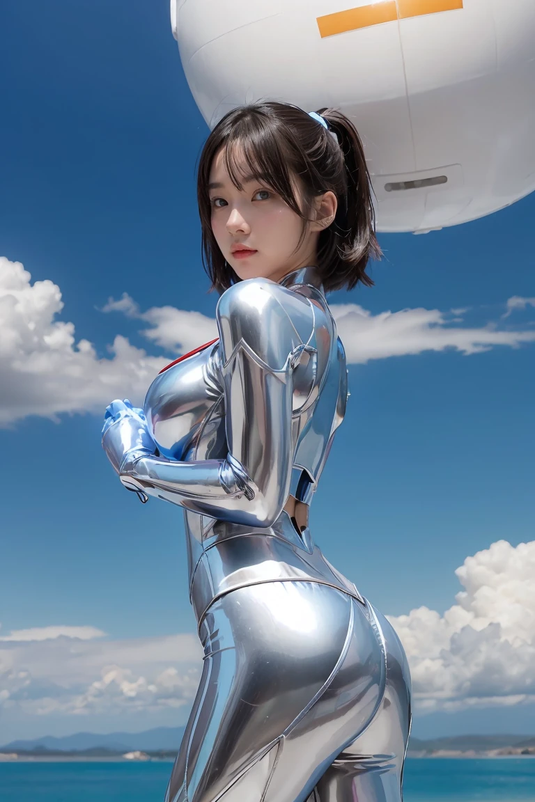 (((blue sky with cloud in background))), Ultraman、realistic、realistic、cinematic lighting, Girl in a shiny red and silver suit、18 years old、professional photo, Japanese model, Japanese cgi、Ultraman Suit、tight and thin cyber suit, Whole body rubbery delicate body, big breasts、small ass、thin thighs、thin arms、thin waist、camel toe、Both sides of the cyber suit stick to the skin、Big eyes、black short hair、facing the front、facing the front、A glowing sphere is embedded in the chest.