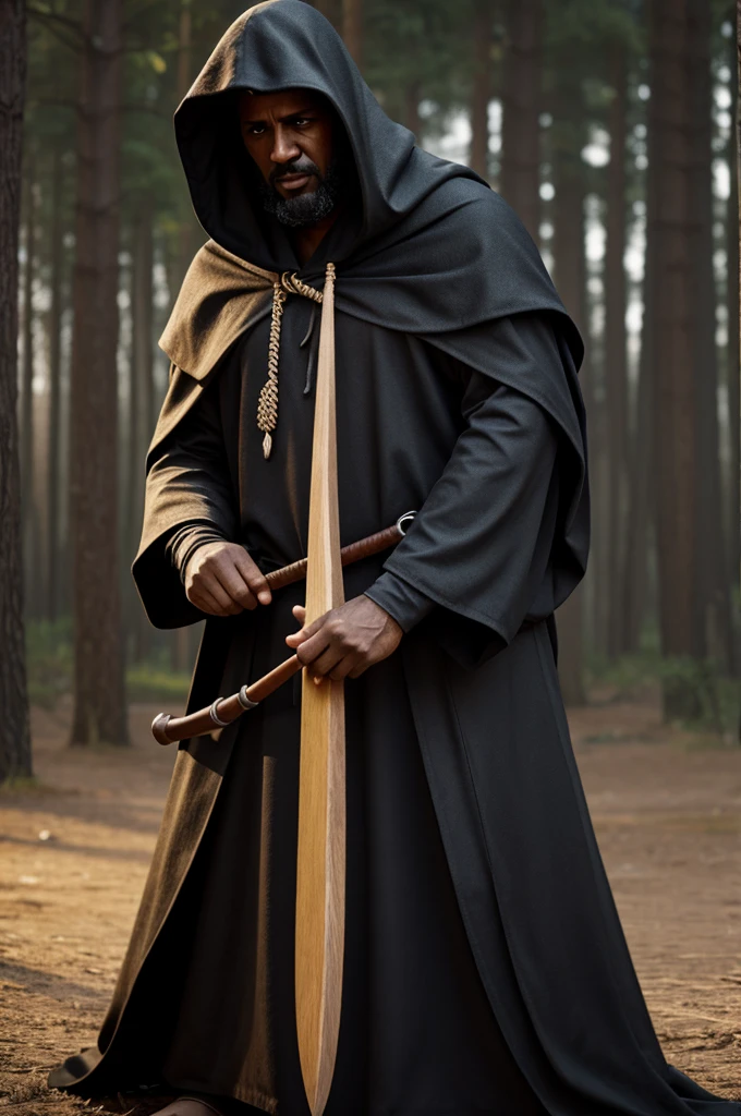 create a realistic image of a fatuaje on the hooded executioner's back and an ax in his hand, the executioner of ancient times