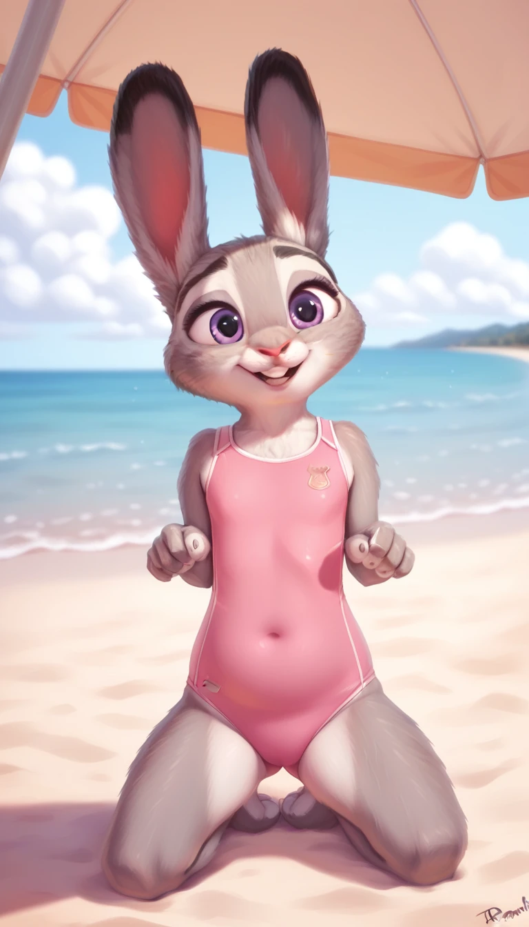 female,  judyhopps,(((in the beach))), wearing swim suit ((pink swimming suit)), ((thick judy hopps)), (front view), (cinematic lighting), backlighting, (shaded), detailed background, by dagasi, (by personalami), [by Ruan Jia],((full body)), tight clothes, (solo), photorealistic, hyperrealistic,(((thick body))),((chubby)), nice round tits, adult girl, ((adult)),