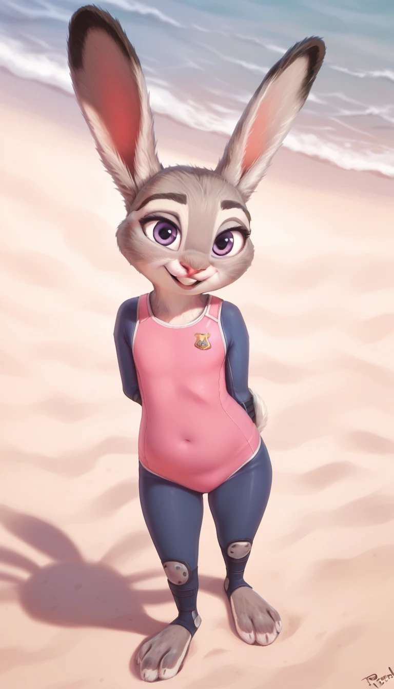 female,  judyhopps,(((in the beach))), wearing swim suit ((pink swimming suit)), ((thick judy hopps)), (front view), (cinematic lighting), backlighting, (shaded), detailed background, by dagasi, (by personalami), [by Ruan Jia],((full body)), tight clothes, (solo), photorealistic, hyperrealistic,(((thick body))),((chubby)), nice round tits, adult girl, ((adult)),