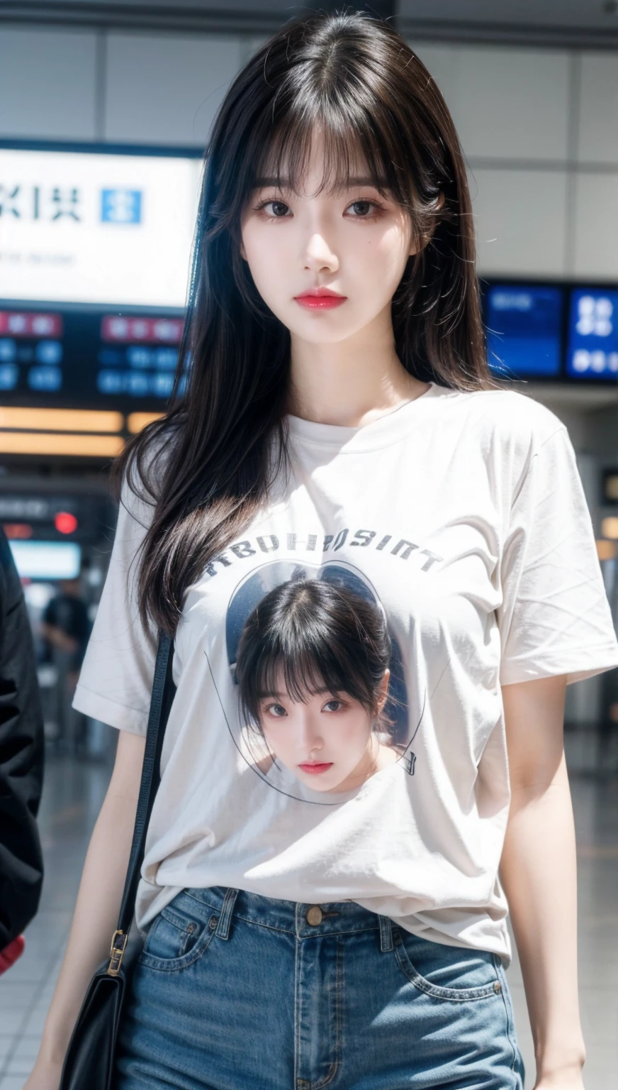realistic photos of Korean female, crossed bangs, slightly smile, t-shirt, in the airport, pov, Eye-Level Shot, blurry, UHD, masterpiece, highres, 16k  