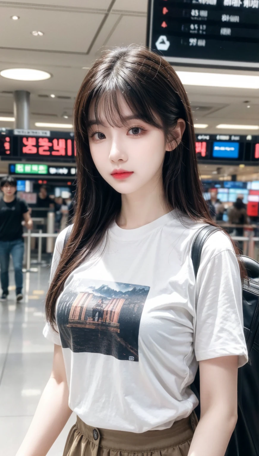 realistic photos of Korean female, crossed bangs, slightly smile, t-shirt, in the airport, pov, Eye-Level Shot, blurry, UHD, masterpiece, highres, 16k