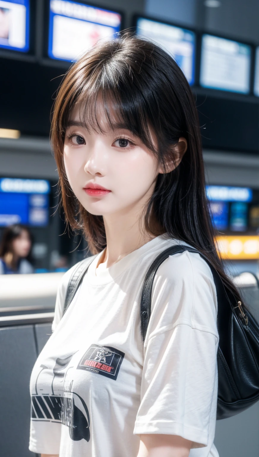 realistic photos of Korean female, crossed bangs, slightly smile, t-shirt, in the airport, pov, Eye-Level Shot, blurry, UHD, masterpiece, highres, 16k