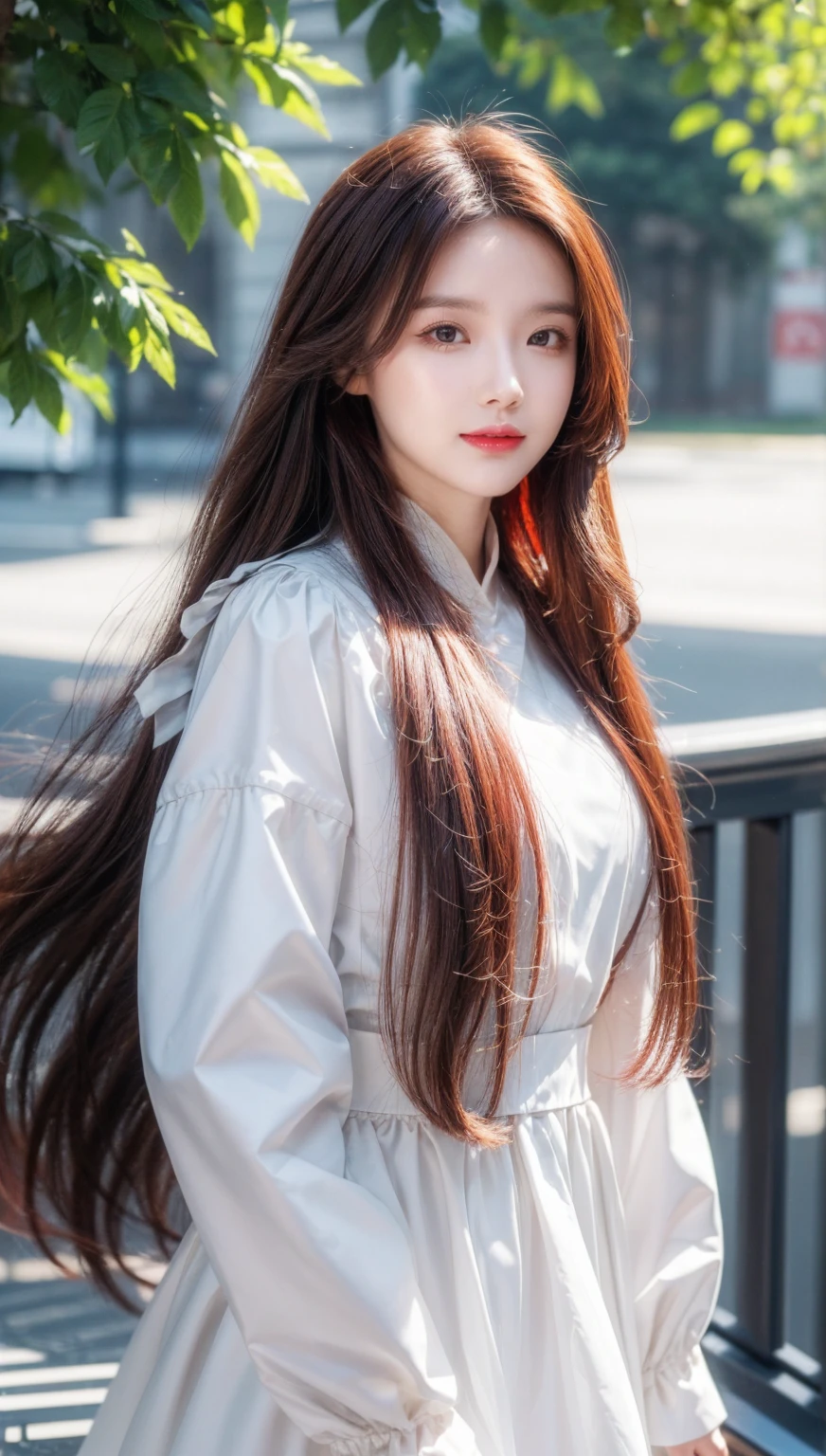 ((masterpiece,best quality)),8k wallpaper,1girl, long hair, red hair, solo, dress, red eyes, looking at viewer, long sleeves, standing, building, white dress, gloves, hair ornament, black jacket, smile, floating hair, dutch angle, closed mouth, looking away, outdoors