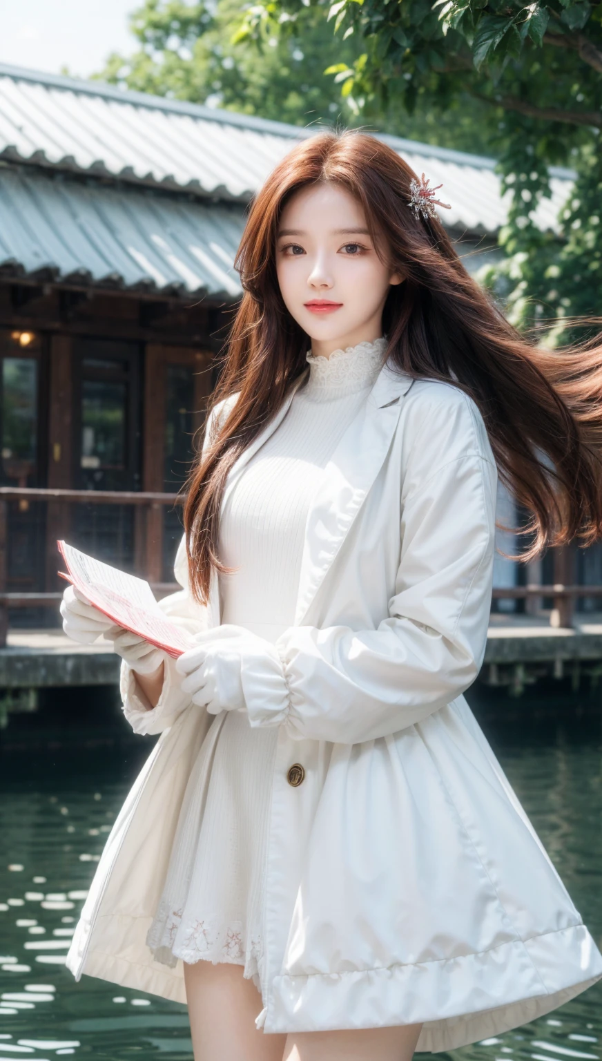 ((masterpiece,best quality)),8k wallpaper,1girl, long hair, red hair, solo, dress, red eyes, looking at viewer, long sleeves, standing, building, white dress, gloves, hair ornament, black jacket, smile, floating hair, dutch angle, closed mouth, looking away, outdoors