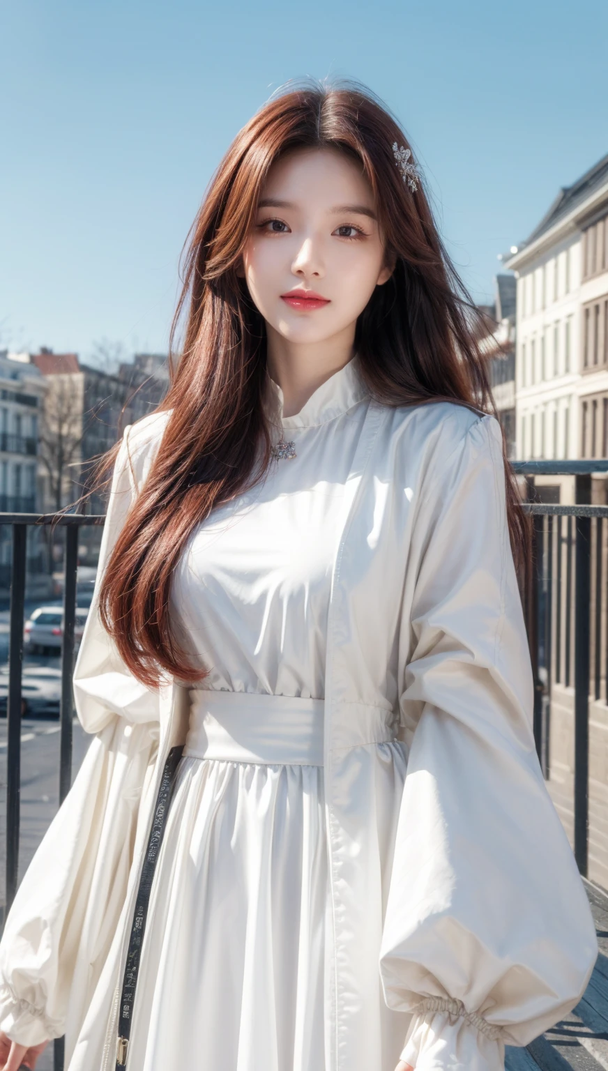 ((masterpiece,best quality)),8k wallpaper,1girl, long hair, red hair, solo, dress, red eyes, looking at viewer, long sleeves, standing, building, white dress, gloves, hair ornament, black jacket, smile, floating hair, dutch angle, closed mouth, looking away, outdoors