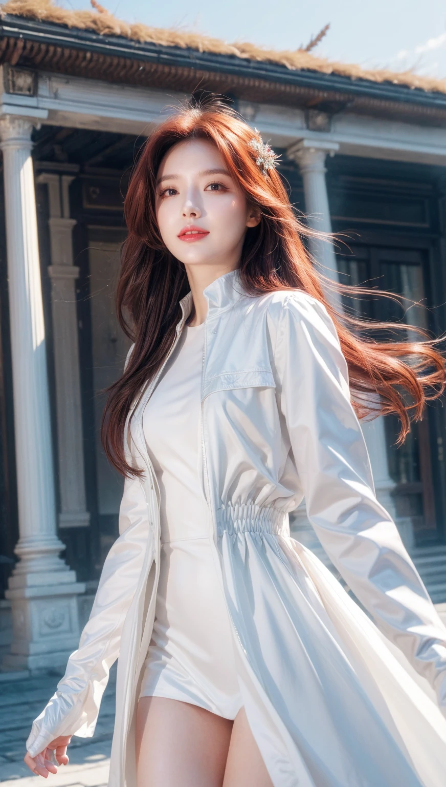 ((masterpiece,best quality)),8k wallpaper,1girl, long hair, red hair, solo, dress, red eyes, looking at viewer, long sleeves, standing, building, white dress, gloves, hair ornament, black jacket, smile, floating hair, dutch angle, closed mouth, looking away, outdoors