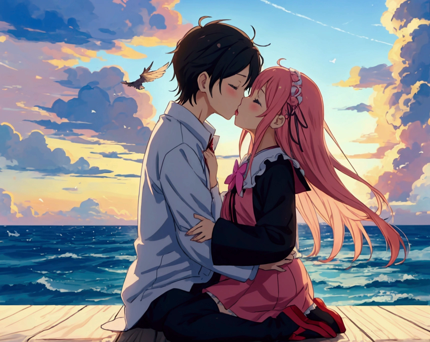 anime, , kidse, couple kissing in the sky with birds flying overhead, kissing together cutely, romanticism lain, shoujo romance, sakimi chan, lovely kiss, kissing together, anime picture, in love, kissing, romantic!!!, anime, re:zero, echidna, subaru, making love, cute anime, beautiful anime, anime!!, anime wallaper, cielo hermoso, lagrimas de felicidad en la niña