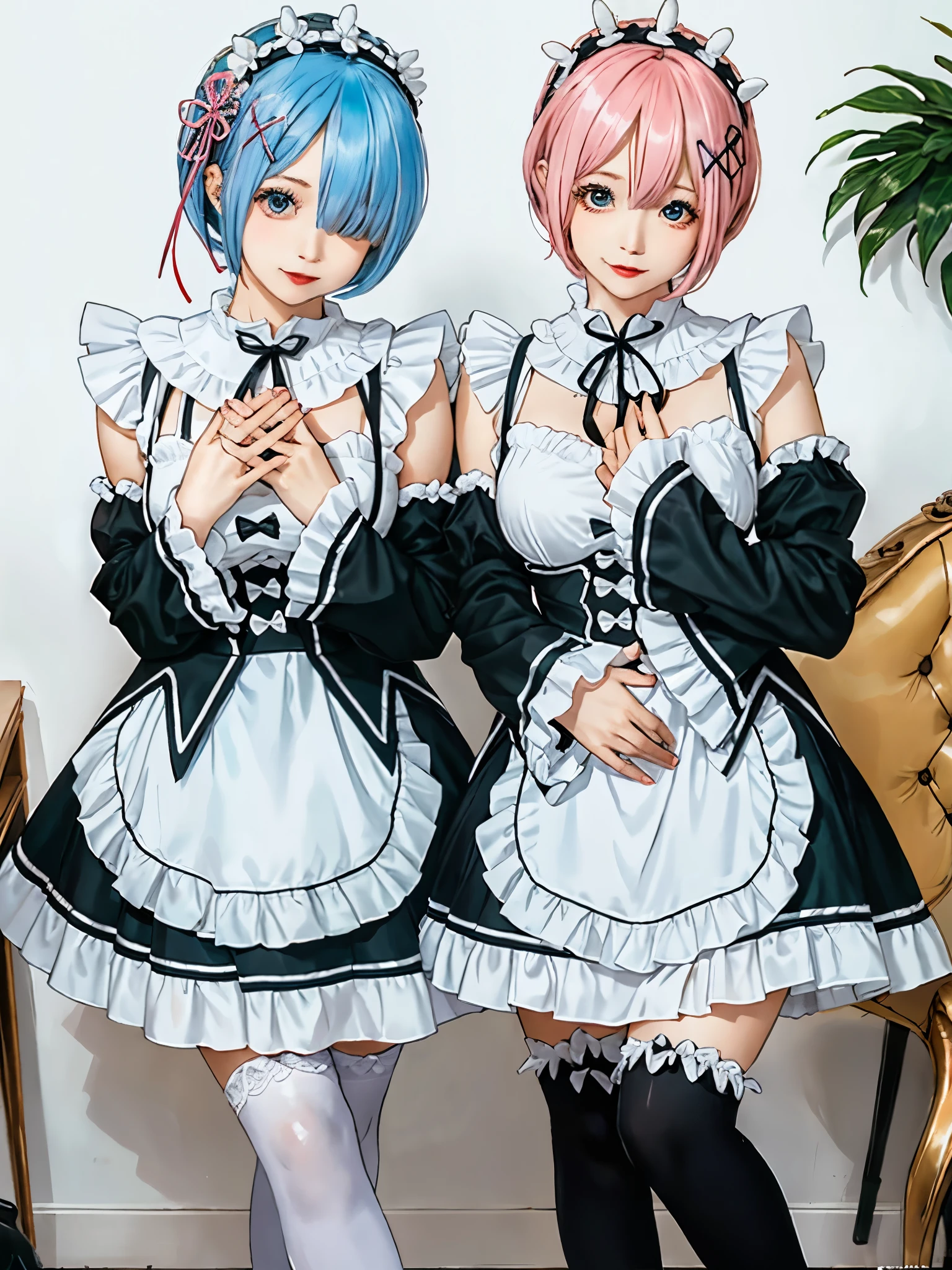 (8K, Photorealistic, Raw photo, of the highest quality: 1.3), (1girl in), Super beautiful, (Realistic face), (boyish, pink Color Berry Shorthair), Beautiful , Glare that captivates the viewer, Beautiful expression, Beautiful breasts, (Realistic skin), Be...Create a detailed and colorful image of Ram and Rem from Re:Zero, standing back-to-back in their maid outfits, with a magical fantasy background、14years old, two girls,cute, perfect face, beautiful, nice body, gothic lolita clothes, gothic lolita fashion, frilly skirt, headdress, necklace, bracelet, knee-high socks, boots, double eyelids, tear bags, Detailed down to the fingers, photo-like description, indoors, dim indoor lighting, one girl is pink hair and short bob, another girl is light blue hair and short bob,standing, sexy posing,whole body, composition that shows the whole body, smiling,The Both of them are wearing the same type of maid outfit,Optimal ratio of 4 fingers and 1 thumb