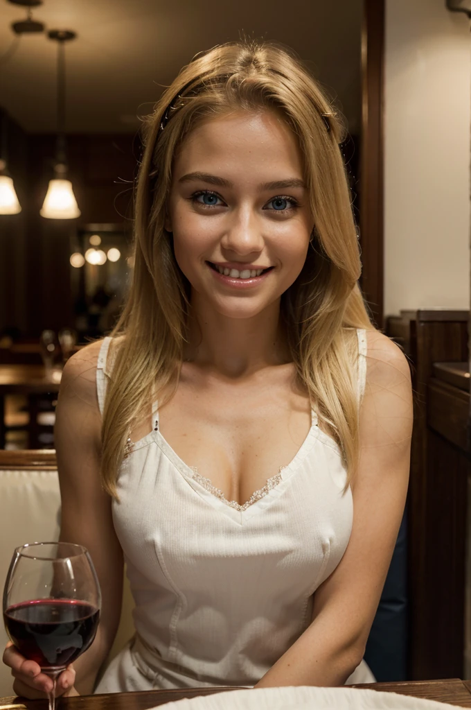 sitting at the restaurant with a glass of red wine, cute white outfit, happy smile beautiful teeth, evening, dark lights, best quality, masterpiece, foto realista, Intricate detailing, RAW-Foto, Ultra-detail, blond hair, cute face, Cup size B, blond hair, perfect and blue eyes, HD quality, 8k, young woman, 15 year old