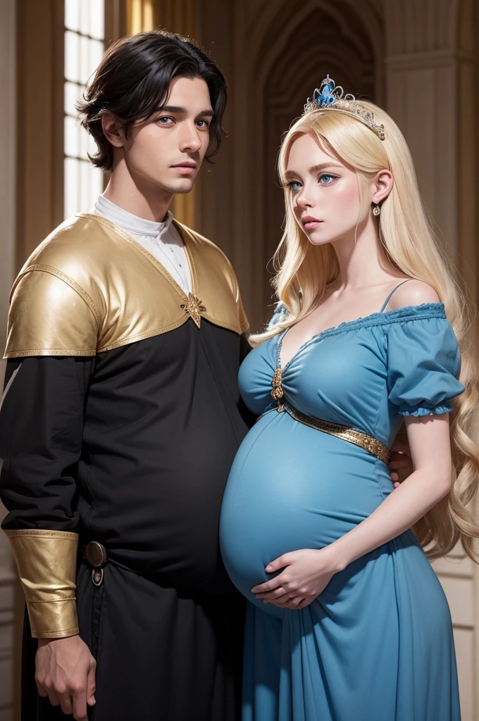 I want a comic about a pregnant princess with black hair and blue eyes, and at his side a king with blond hair