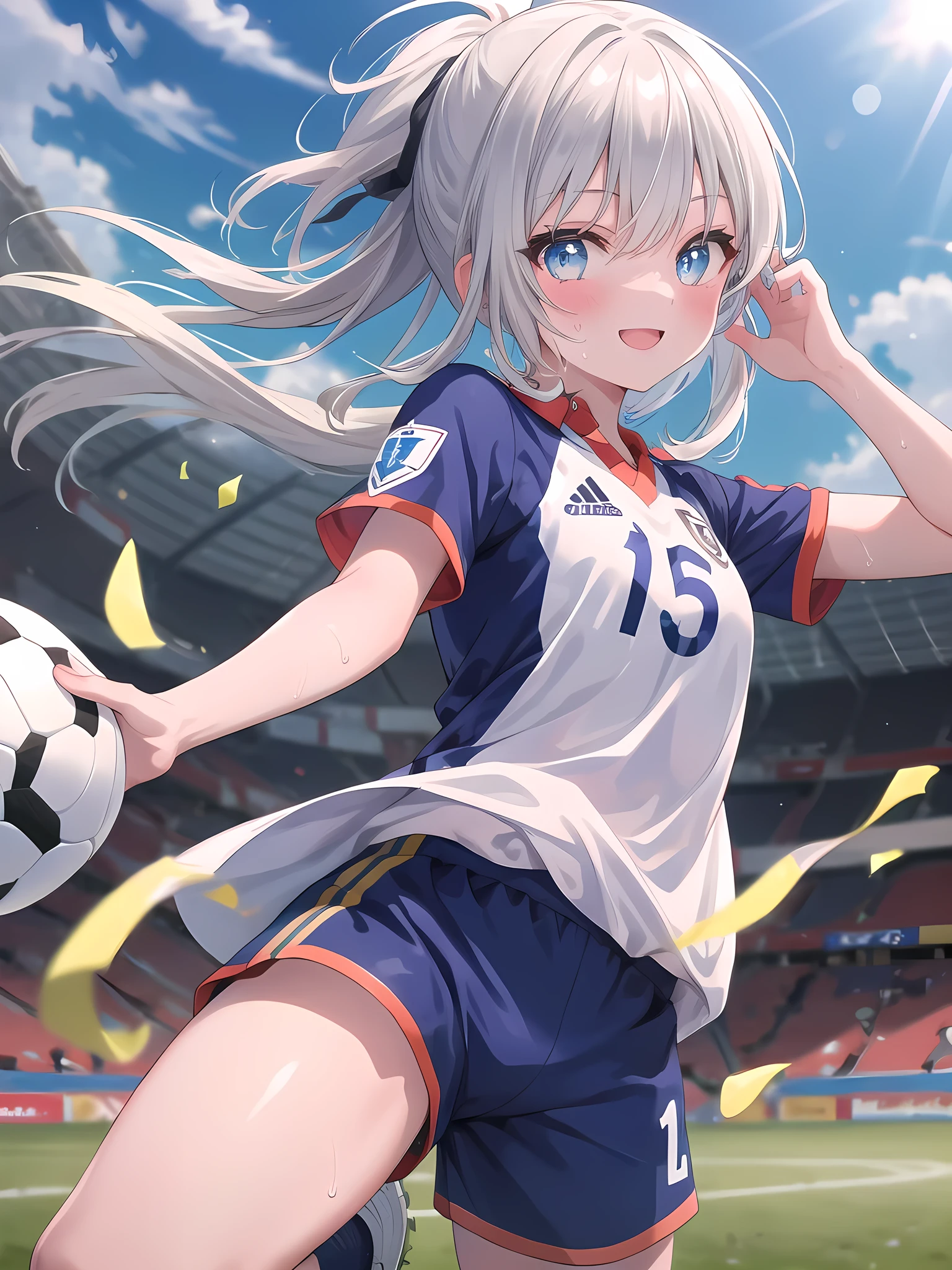 (8k, best quality, master piece: 1.2),super high resolution,1 girl, solo, colorshift eyes, hyperdetailed, expressive eyes, ultra-detailed face, A silver-haired girl dribbles a soccer ball on the field. Her sweat is glistening and the sunlight is shining on her. She is wearing a soccer uniform, shorts and soccer cleats. She is posing energetically and smiling for the camera.
