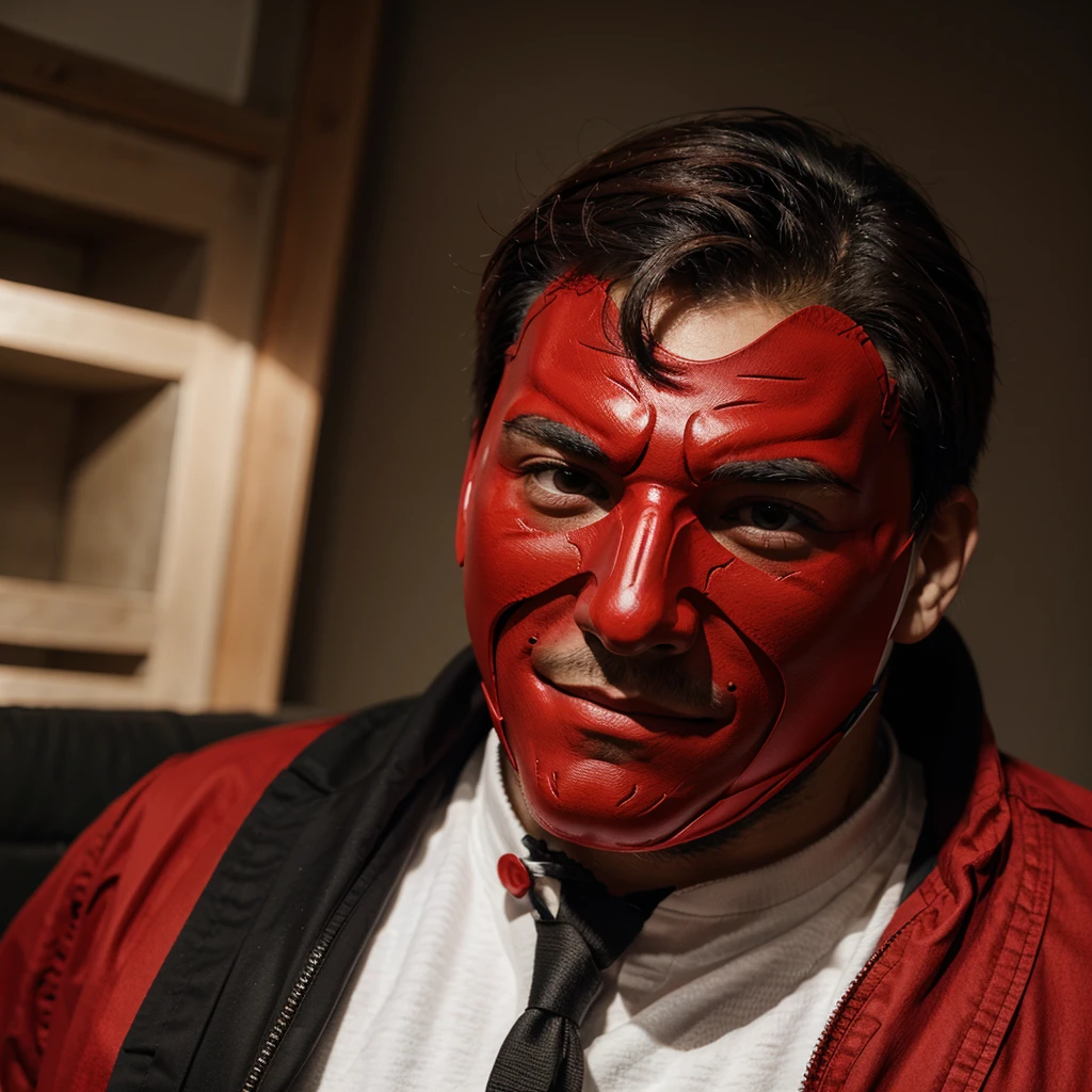 man with red mask (you can't see his face)) ((neon)), imposing yourself on someone who is to the left