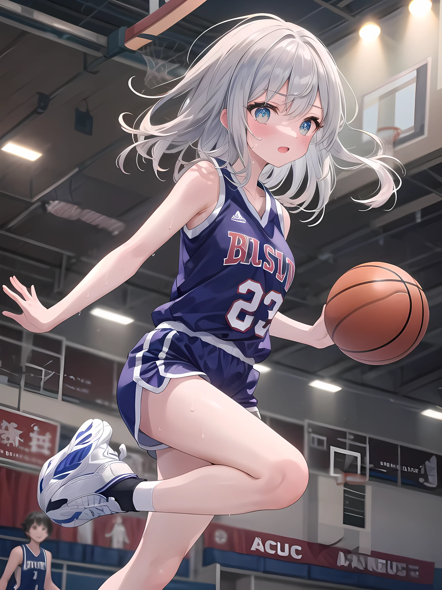 (8k, best quality, master piece: 1.2),super high resolution,1 girl, solo, colorshift eyes, hyperdetailed, expressive eyes, ultra-detailed face, A silver-haired girl is about to take a jump shot on the basketball court. Sweat is running down her cheeks, and the spotlight is shining. She is wearing a basketball uniform, a tank top and shorts, and basketball shoes. Her pose conveys a sense of dynamism in the air.