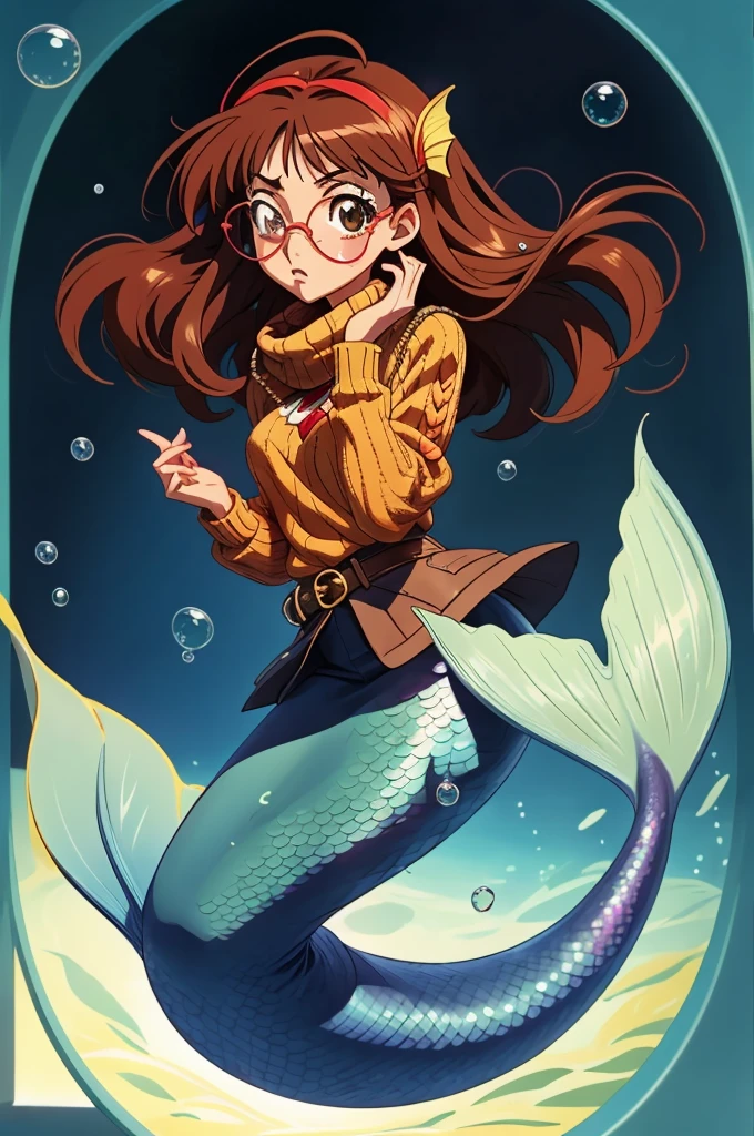 anime key visual, 1  girl fullbody,  solo, symmetrical face, front view, looking at camera, shocked, waved hair,  covered one eye, surrounded by bubbles,  floating in the air, glowing,  masterpiece, best quality , dreamy, Azumanga Daioh, mermaid, wearing sweater eye glass,brown belt,blood coming from her tail