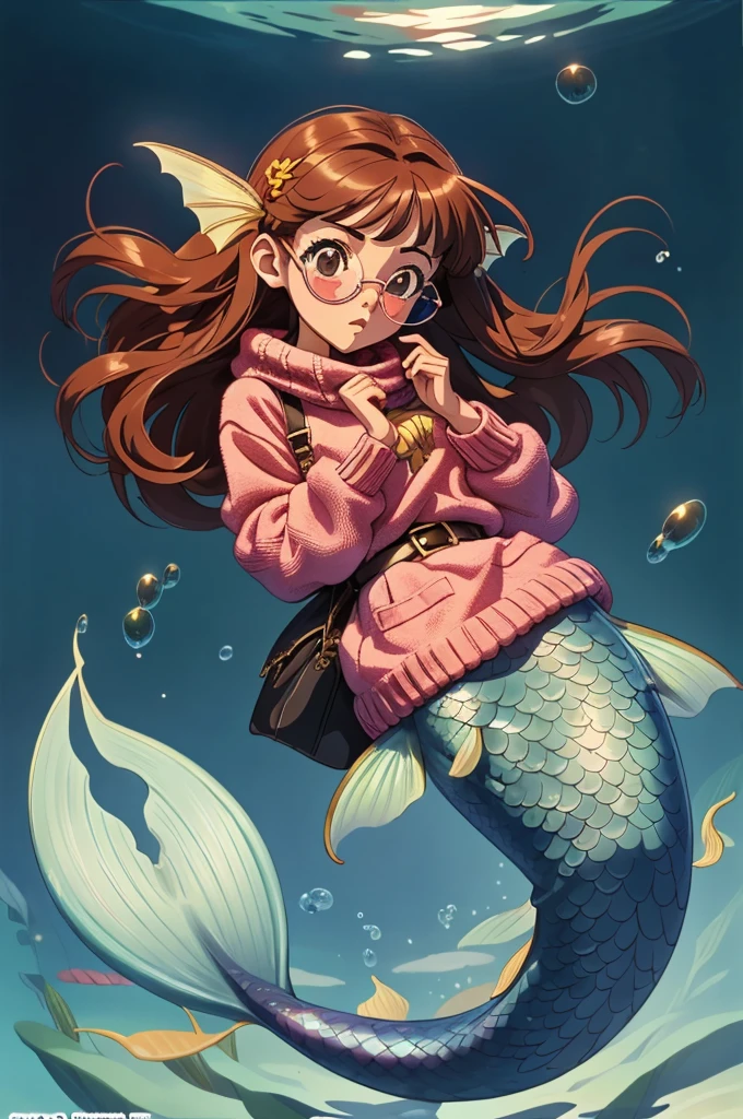 anime key visual, 1  girl fullbody,  solo, symmetrical face, front view, looking at camera, shocked, waved hair,  covered one eye, surrounded by bubbles,  floating in the air, glowing,  masterpiece, best quality , dreamy, Azumanga Daioh, mermaid, wearing sweater eye glass,brown belt,blood coming from her tail