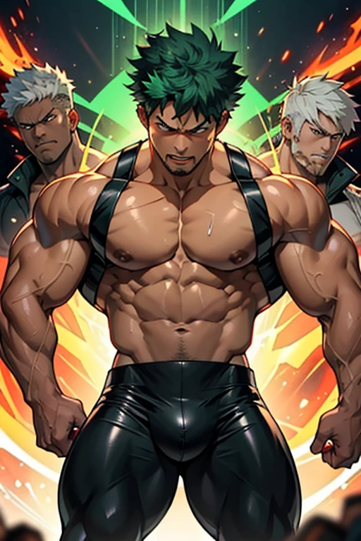 Midoriya, Bakugou, and Kirishima from My Hero Academia as a hyper muscular brainwashed thugs standing in line with other brainwashed thugs wearing identical full body black shiny rubber latex pants and vests staring blankly ahead with vapid expression at a computer screen displaying a hypnotic spiral while they are all restrained in a villain's base being brainwashed. Repeating mantras over and over again to turn Midoriya into another brainwashed thrall and affirm he is nothing more than obedient tool to the villains. Hyper muscles. Hyper crotch bulge. Massive swollen crotch. Massive swollen pectorals. Thick glutes. Muscular thighs. Broad shoulders. Big traps. Massive biceps. Massive triceps. "Serve. Obey. Conform. Comply. Stare and let the hero die. You cannot think. Accept this fate. Become a thug. Assimilate. At villain's side and beck and call, a selfish brute, an evil thrall. That's all you are, with but one creed, to serve and satisfy your greed. To rob and steal and cheat in kind will feel so good to changing mind. All morals will be blown away as arrogance comes into play. And brute force will supplant the meek the more the dumb thugs crush the weak. No need to think. Just stare and obey. Grow bigger and dumber every day. The longer you watch, the weaker your brain. The deeper the thug will be engrained. There's nowhere to run. You can't get away. The villainous thug is here to stay. All For One, you must obey." IQ drain. hypnosis. Hypnotic trance. Hypnotized. Brainwashing. Entranced. Enthralled. Dumber and dumber. Programming. Subliminals. Conformity. Assimilation. Green hair. Dim eyes. Open mouth. Brainless. Mindless. Mental reprogramming. Nullified hyper swollen crotch bulge. Bara. Hairy arms. Hair chest. Thick stubble. Treasure trail. Armpit hair. Brute.