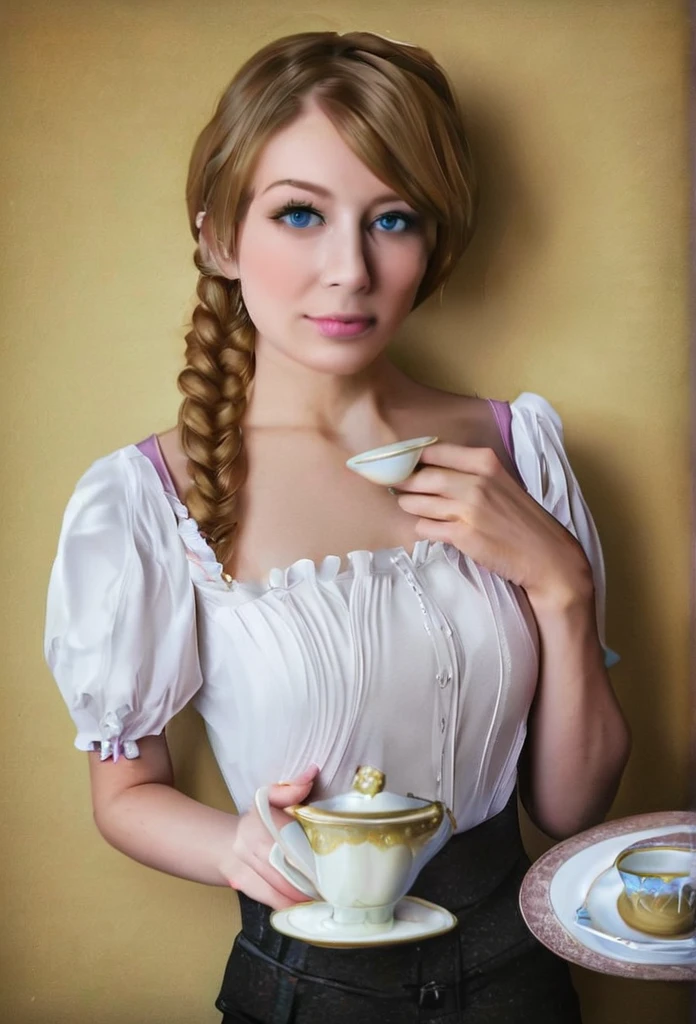 a portrait of arabic princess with a cup of tea, darjeeling mountains and tea plantations in the background, photorealistic, dramatic sky, masterpiece