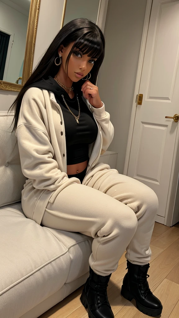 Alisha Lehmann skinny sexy model,She is wearing big oversized baggy black hoodie big sweatshirt covering her breasts and stomach and big high waist oversized big baggy black sweatpants she has small sexy breasts,skinny sexy thighs black hair with bangs,big hooves earrings hands in pockets ankle boots heels full body view, black hair skinny girl oversized big hoodie, oversized big sweatpants looking into the camera big oversized pants big sweatshirt wearing boxing gloves no tattoos in a beige aesthetic apartment with luxury coach, flower vase decor white stylish floor tiles, white walls, sitting, looking at the camera, both hands in pockets, fluffy pillows putting both hands in pockets black hair hoodie covering both hands black hair necklace chain skinny model small sexy breast, hands in pockets hoodie covering fingers of both hands