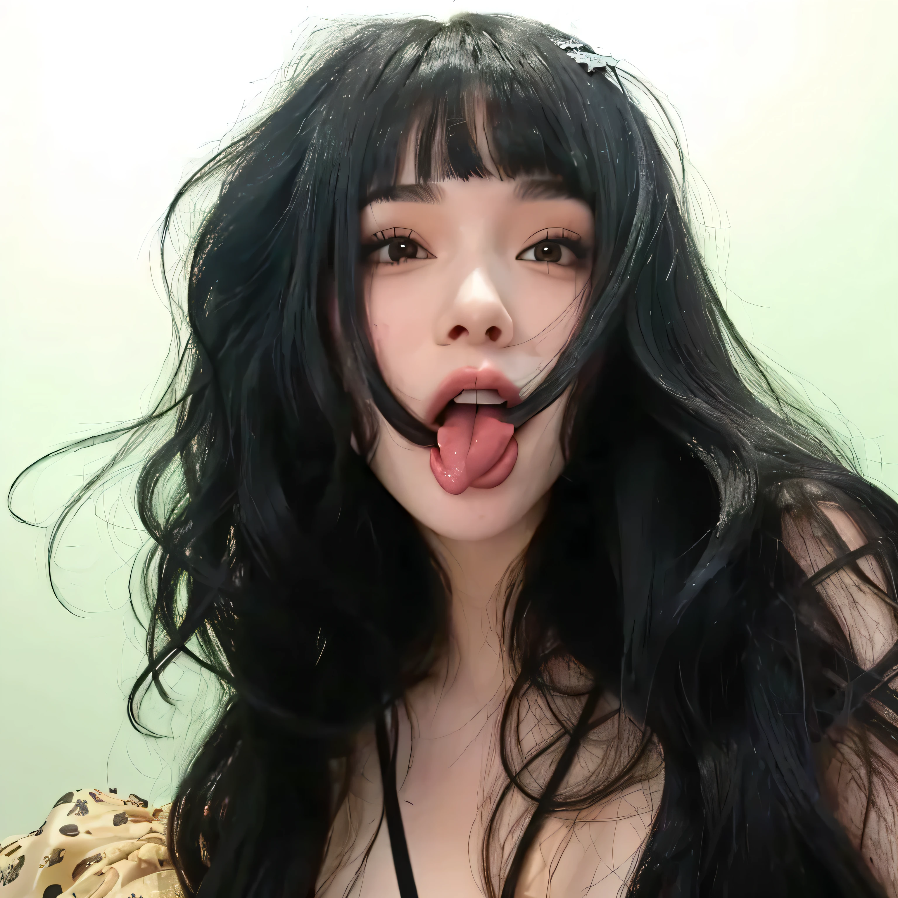 arafed woman with long black hair sticking out her tongue, tongue out, she has black hair with bangs, with a tentacle - shaped tongue, belle delphine, hair blackbangs hair, black bangs, cute silly face, black-hair pretty face, messy black hair, messy bangs, licking out, licking tongue, sexy look at the camera