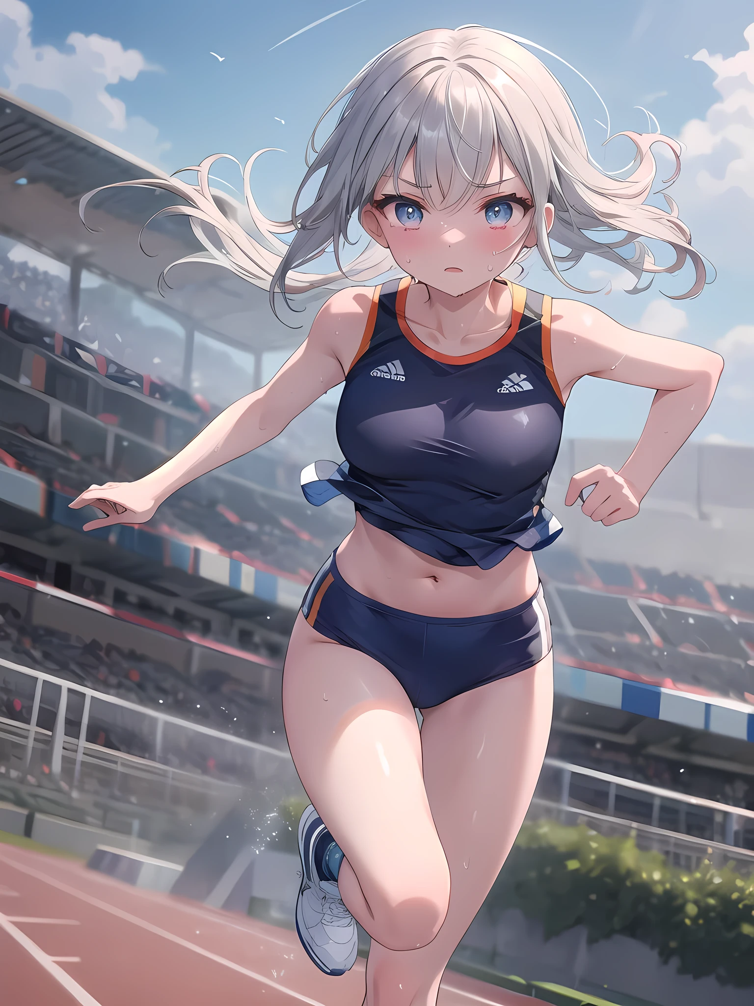 (8k, best quality, master piece: 1.2),super high resolution,1 girl, solo, colorshift eyes, hyperdetailed, expressive eyes, ultra-detailed face,A silver-haired girl running at full speed on the track. Sweat runs down her arms, conveying a sense of speed. She's wearing an athletics uniform and running shoes. Her powerful running form is reflected in the camera as she looks on with a concentrated expression.
